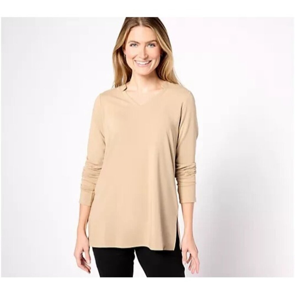 Belle by Kim Gravel Primabelle Knit V-Neck Tunic Top Silver Mink Large A620765